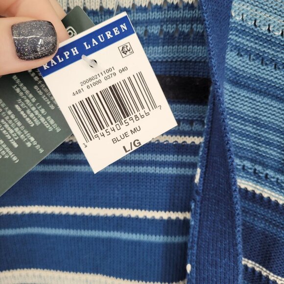Lauren Ralph Lauren womens Large Blue Stripe knit open front fringe cardigan NWT - Picture 10 of 13